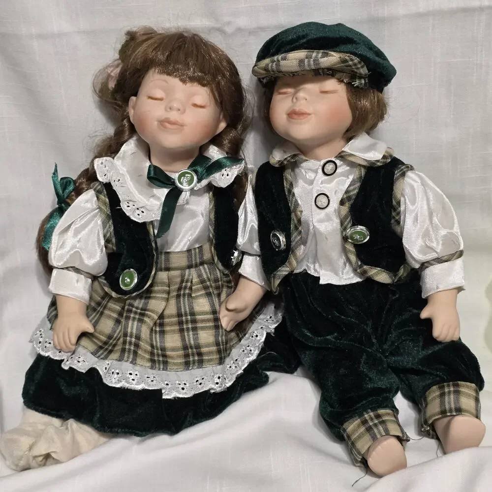 Vintage Collectible Porcelain Twin Dolls in Plaid and Blue Velvet Outfits